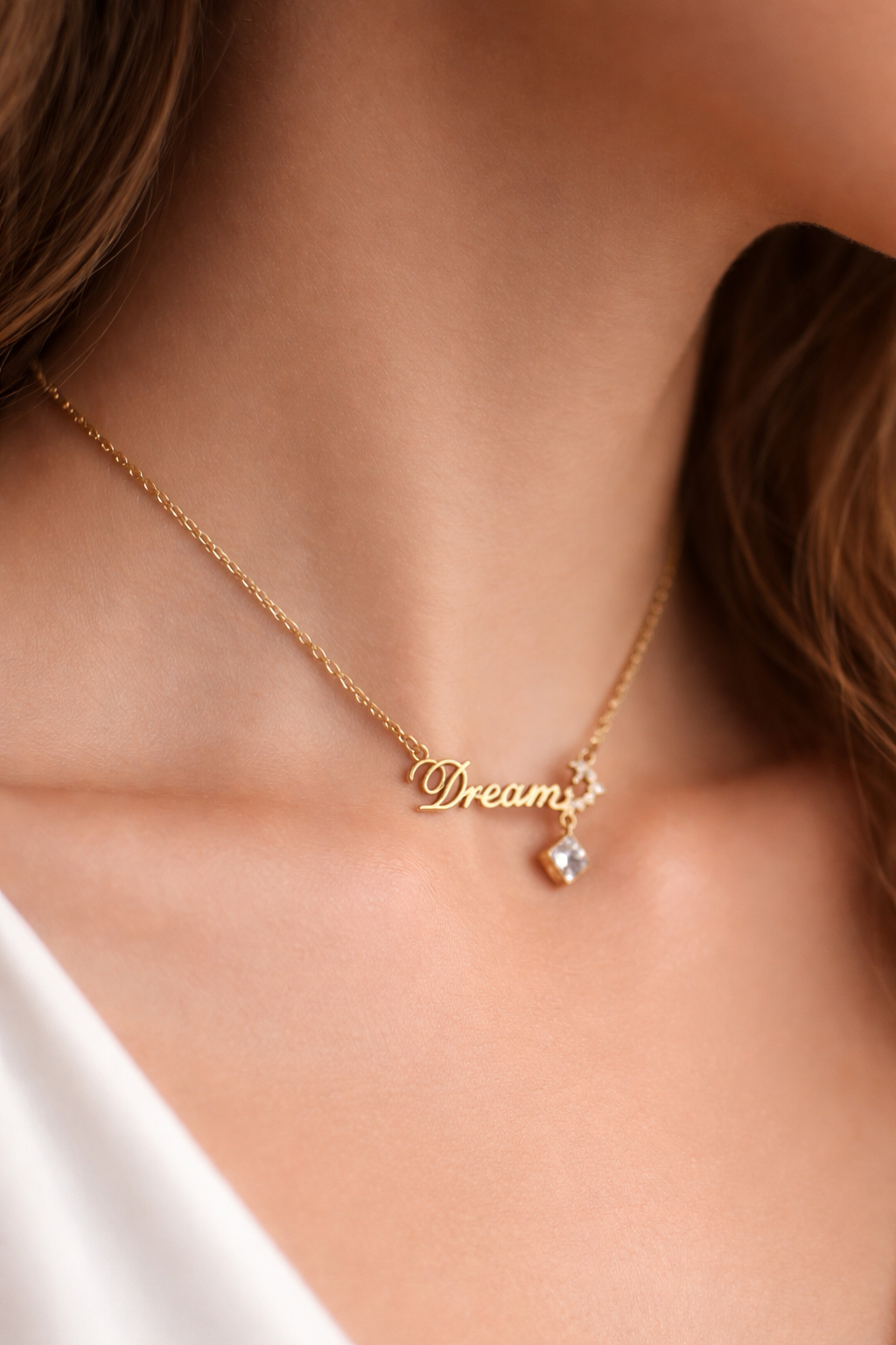 Dreamer Gold Letter Necklace with Crystal Charm – Elegant Everyday Statement Piece