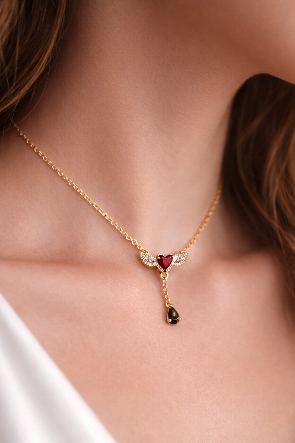 Angel Wing Drop Pendant Necklace – Gold Tone with Red & Black Crystals