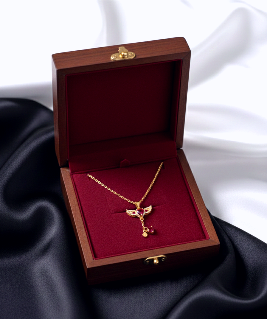 Angel Wing Drop Pendant Necklace – Gold Tone with Red & Black Crystals