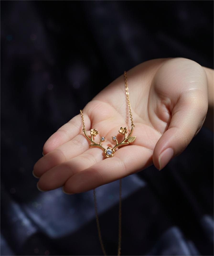 Golden Bloom Floral Necklace with Crystal Accents – Elegant Nature-Inspired Design