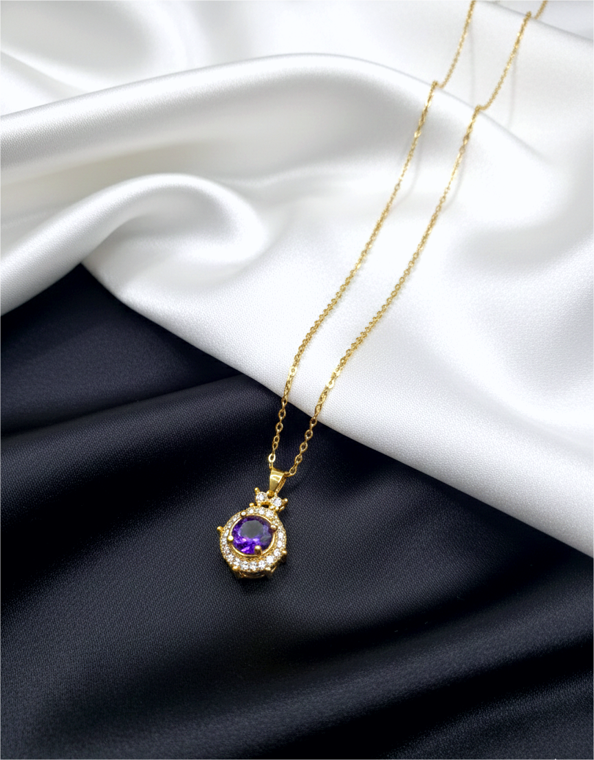 Royal Amethyst Halo Necklace – Elegant Gold-Tone Luxury Pendant