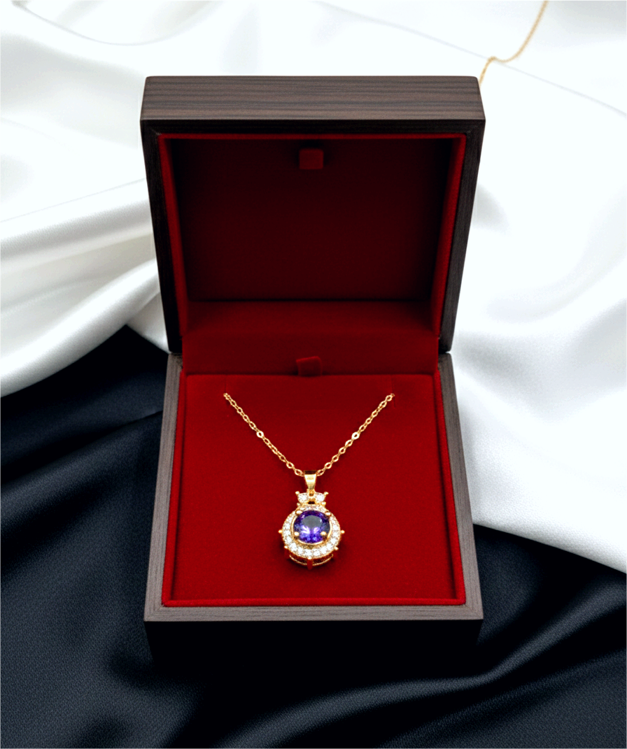 Royal Amethyst Halo Necklace – Elegant Gold-Tone Luxury Pendant