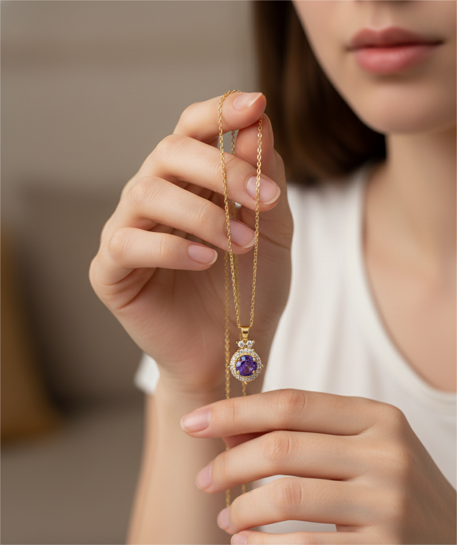 Royal Amethyst Halo Necklace – Elegant Gold-Tone Luxury Pendant