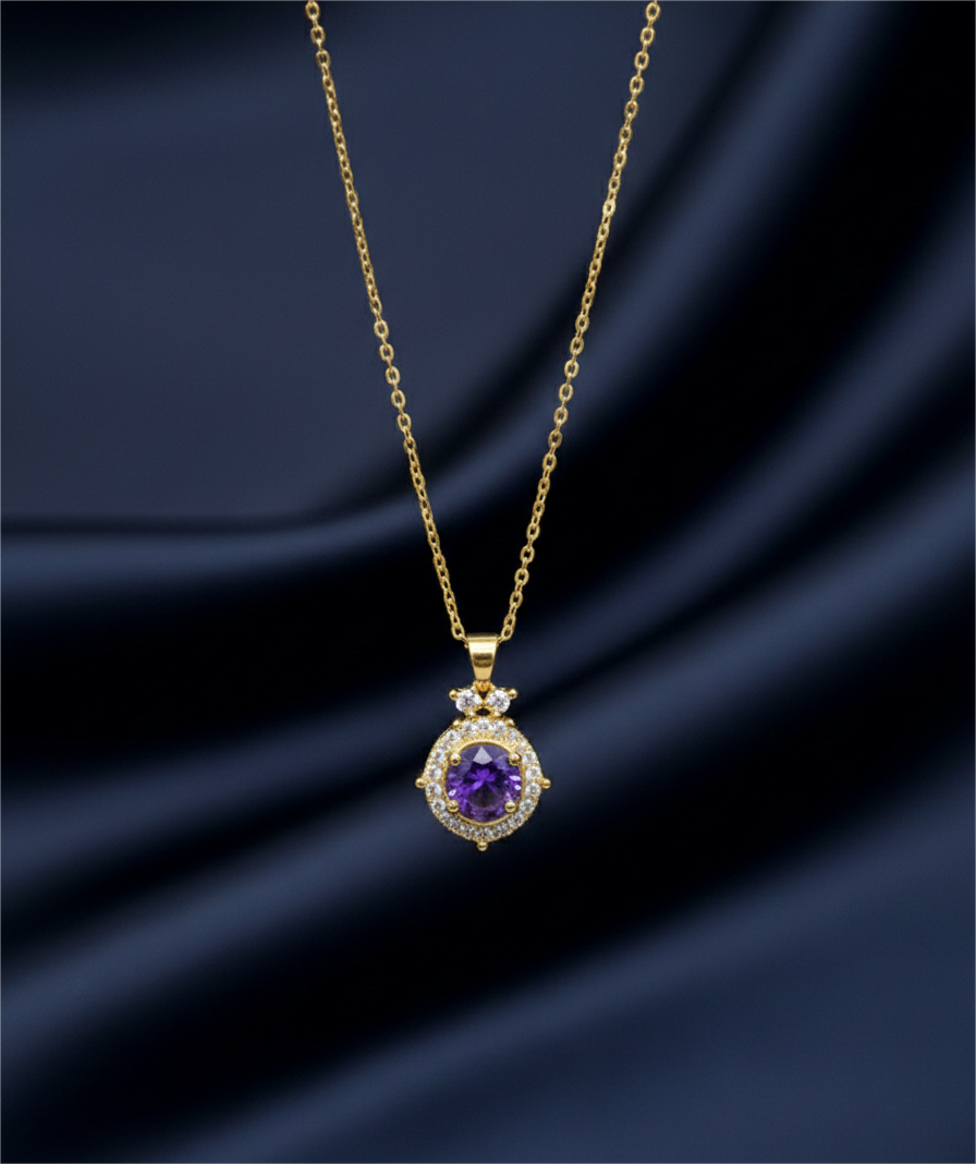Royal Amethyst Halo Necklace – Elegant Gold-Tone Luxury Pendant