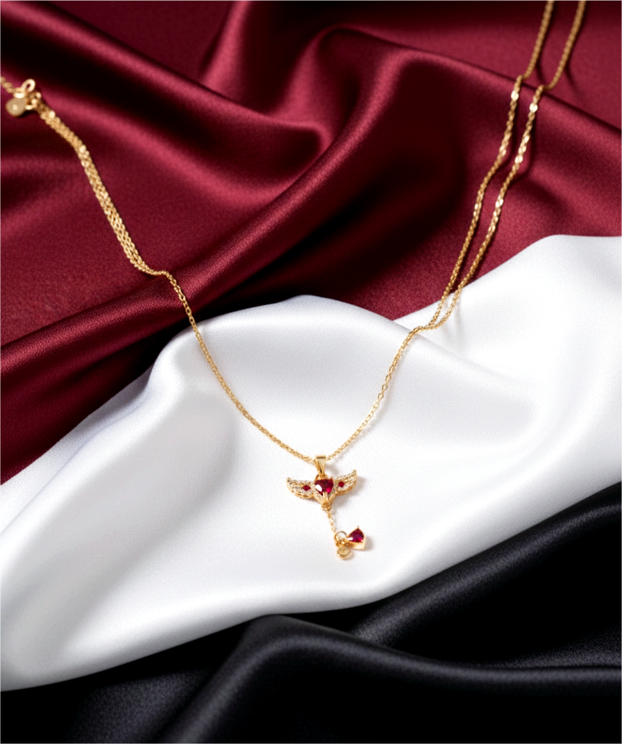 Angel Wing Drop Pendant Necklace – Gold Tone with Red & Black Crystals