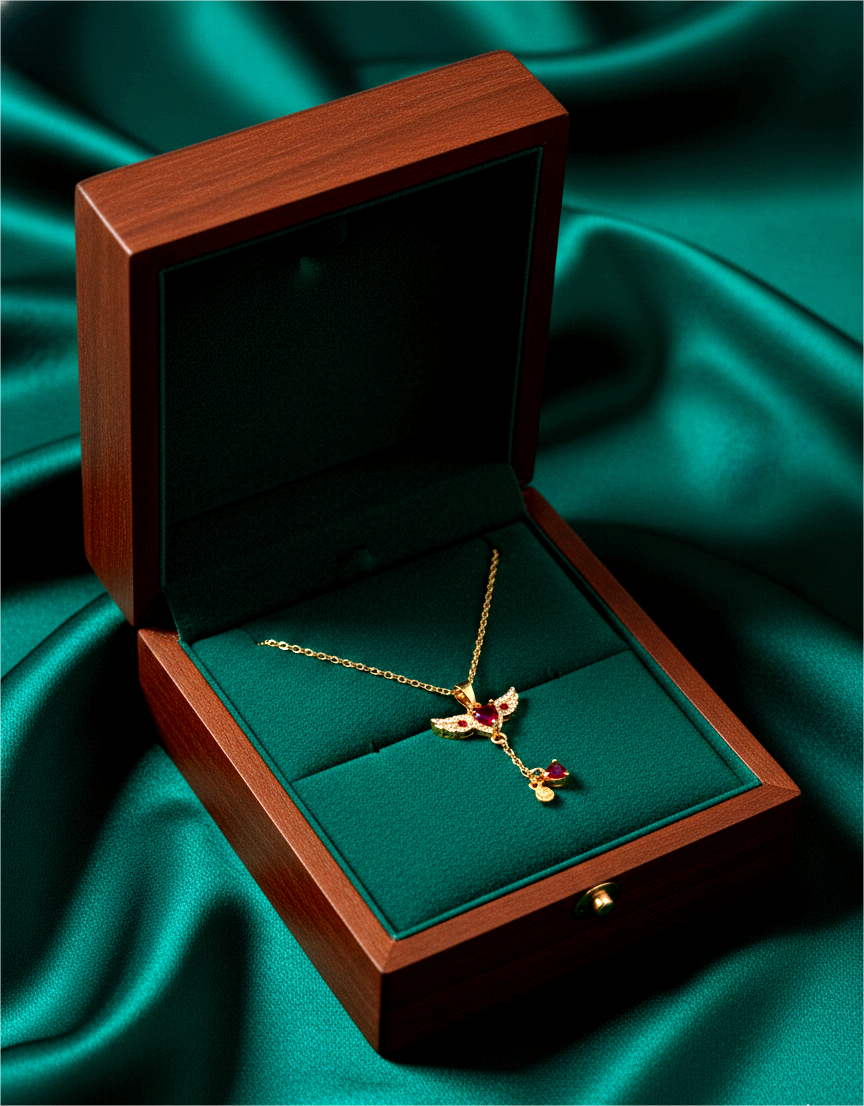 Angel Wing Drop Pendant Necklace – Gold Tone with Red & Black Crystals