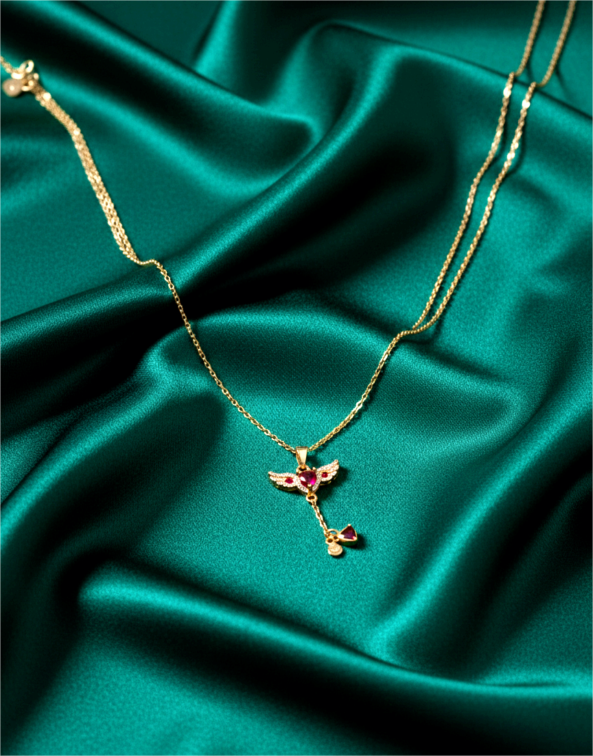 Angel Wing Drop Pendant Necklace – Gold Tone with Red & Black Crystals